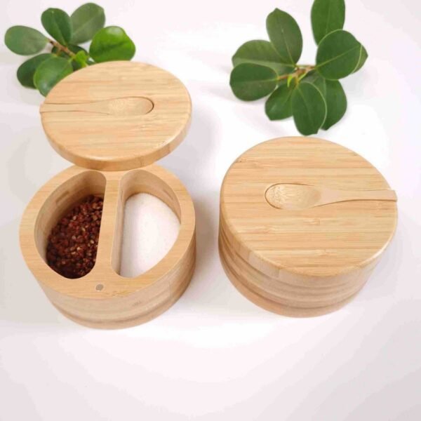 Bamboo Seasoning Jar Double-grid Lid With Spoon Storage Jar - Image 2