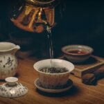 Artistic depiction of a traditional Chinese tea ceremony with porcelain teaware and hot water pour. herbal berberine tea